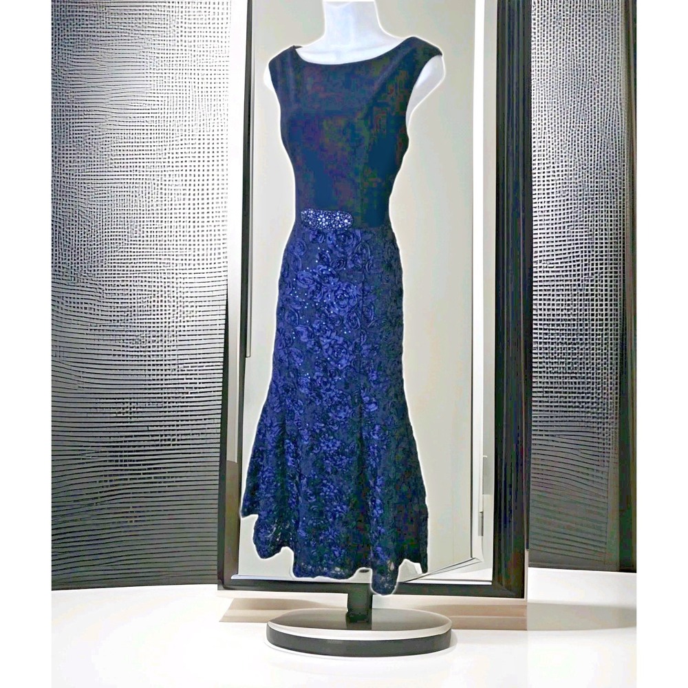 Alex Evenings Maxi Dress 10 Navy Blue Rossettes Sequins Beaded Sleeveless Lined